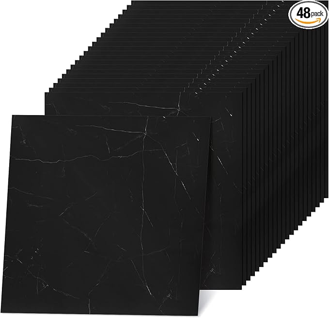 Spiareal 48 Pieces Peel and Stick Floor Tiles Vinyl Flooring 12 x 12 Inch Stick on Floor Tile Self Adhesive Waterproof DIY for Bathroom Kitchen Bedroom Living Room(Black Marble)