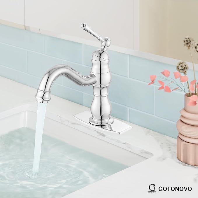 gotonovo Bathroom Faucet 1 Hole Vintage,Polish Chrome,7.1” Spout Reach | Bathroom Sink Faucet for 1 or 3 Hole Single Handle,Deck Plate,360° Swivel Spout,Pop Up Drain,cUPC Supply Hoses,for Vanity RV