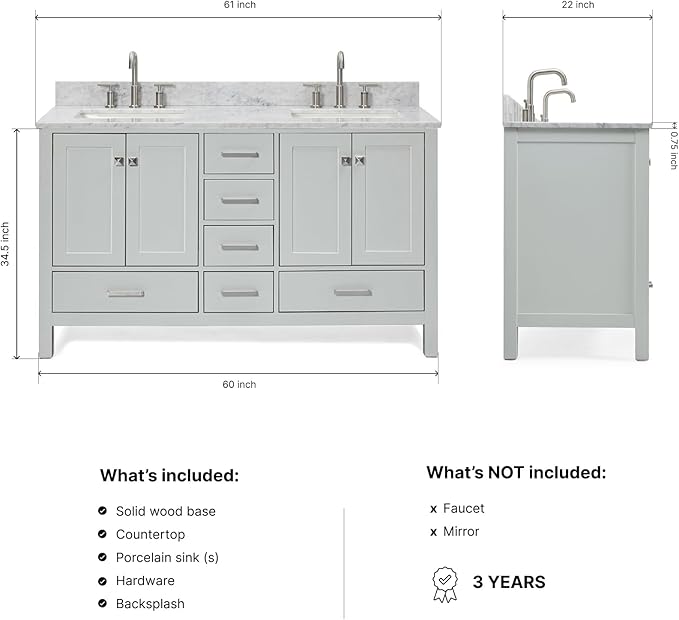 ARIEL Cambridge 60-inch Bathroom Vanity with Sink,Solid Wood, 0.75-inch Italian Carrara Marble Countertop, Double Rectangular Porcelain Sink, 4 Soft Closing Doors, 6 Dovetail Drawers, Grey