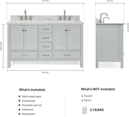 ARIEL Cambridge 60-inch Bathroom Vanity with Sink,Solid Wood, 0.75-inch Italian Carrara Marble Countertop, Double Rectangular Porcelain Sink, 4 Soft Closing Doors, 6 Dovetail Drawers, Grey