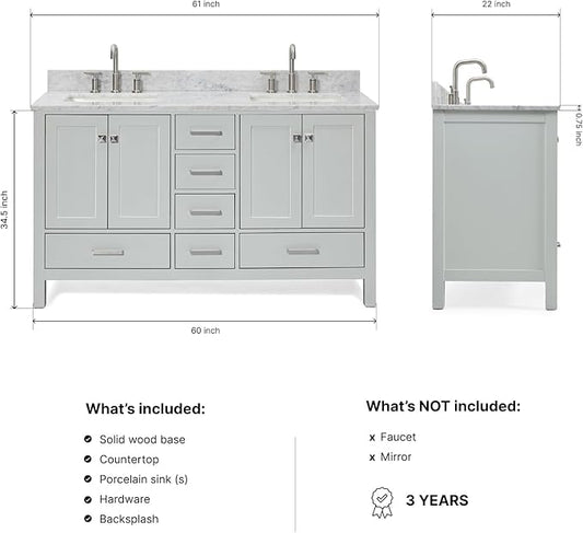 ARIEL Cambridge 60-inch Bathroom Vanity with Sink,Solid Wood, 0.75-inch Italian Carrara Marble Countertop, Double Rectangular Porcelain Sink, 4 Soft Closing Doors, 6 Dovetail Drawers, Grey