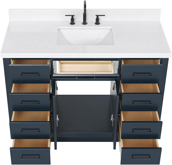 Isabella 48-Inch Bathroom Vanity with Sink — Midnight Blue Single Sink Bathroom Vanity, 1.5" Edge Carrara Quartz Countertop, Solid Wood, 2 Soft-Close Doors, 8 Dovetail Drawers + Tilt Drawer