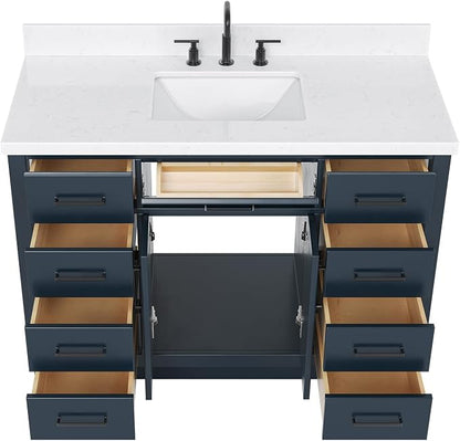 Isabella 48-Inch Bathroom Vanity with Sink — Midnight Blue Single Sink Bathroom Vanity, 1.5" Edge Carrara Quartz Countertop, Solid Wood, 2 Soft-Close Doors, 8 Dovetail Drawers + Tilt Drawer