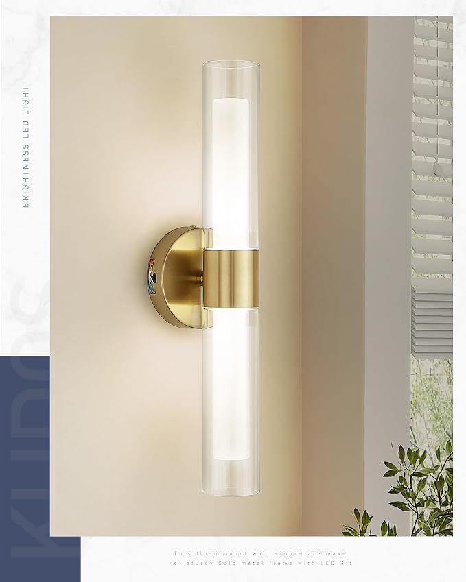 kudos Brushed Gold LED Vanity Light, Clear and Frosted Glass, KDVL06-GD-2 | 11W,1100 Lumens, 3000K, 4500K and 6000K Selectable, Hardwired, for Bathroom, Bedroom and Over Mirror