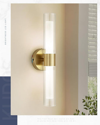 kudos Brushed Gold LED Vanity Light, Clear and Frosted Glass, KDVL06-GD-2 | 11W,1100 Lumens, 3000K, 4500K and 6000K Selectable, Hardwired, for Bathroom, Bedroom and Over Mirror