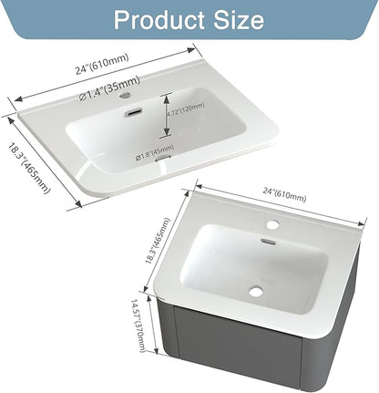 Floating Bathroom Vanity with Sink, Nature Soild Wood Cabinet with Ceramic Basin, Extra Large Storage Drawer & Pre-Assembled Vanities for Bathroom, Powder Room (Grey A Style, 24")