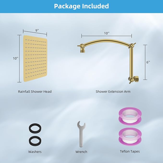 Hibbent All Metal 10'' Rain Shower Head, 16'' Extension Arm, Brushed Gold | cUPC Certified High Pressure Rainfall Showerhead with Solid Brass Adjustable Shower Head Extension Arm, Fixed Showerheads
