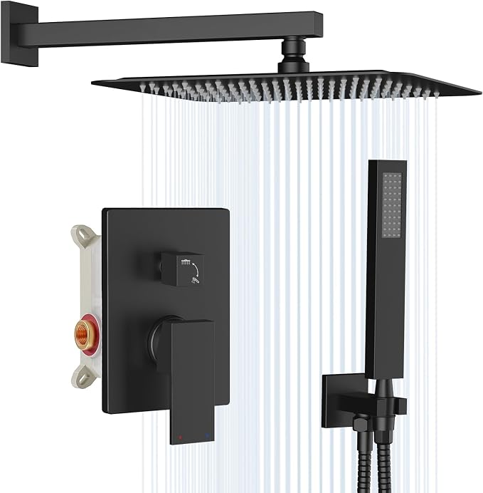 Gabrylly Rain Shower Head with Handheld Spray Combo, 10", Matte Black | All Metal Shower System, High Pressure Rainfall Shower Faucet Set, Solid Brass Shower Valve Complete Shower Set for Bathroom