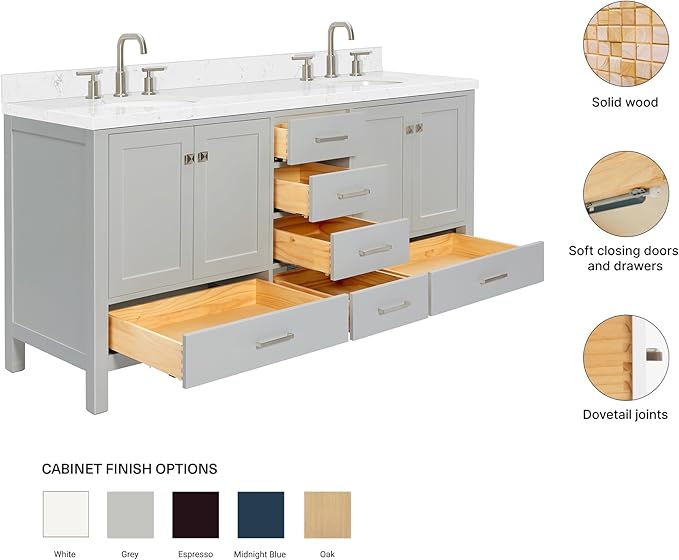 ARIEL Cambridge 72-inch Bathroom Vanity with Sink,Solid Wood, 1.5-inch Carrara White Quartz Countertop & Backsplash, Double Oval Porcelain Sink, 4 Soft Closing Doors, 6 Dovetail Drawers, Grey