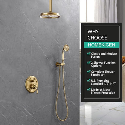 Antique Rain Shower Faucet Set with Handheld Sprayer | Brushed Titanium Gold, Multi-layer Plating, Vintage Rainfall, 2-Function Diverter Brass Valve, Ceiling Mount Easy Install