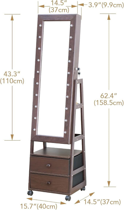 Jewelry Armoire Cabinet Organizer Standing with 20 LED Lights Lockable | Full Length Mirror with Storage Shelves and 2 Drawers (Brown) Adjustable Tilt Angles Gift for Her