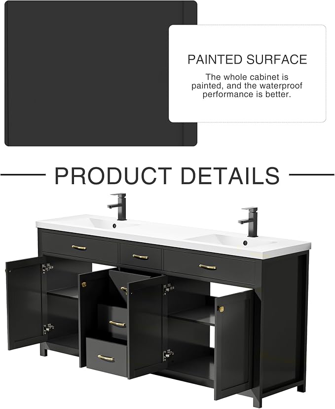 LUCKWIND 72" Bathroom Vanity and Sink Combo, Painted Modern Bathroom Storage Cabinet with Double Large Sink, Four Doors and Three Drawers, Include Faucet, Without Mirror, Black
