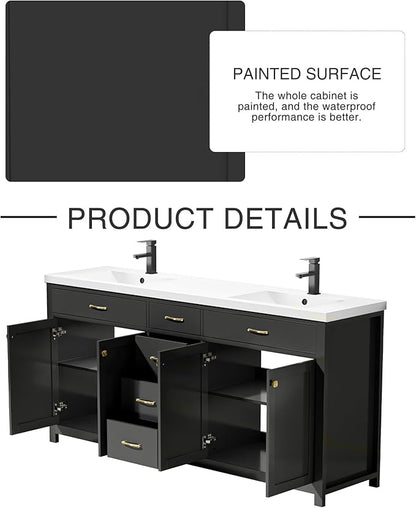 LUCKWIND 72" Bathroom Vanity and Sink Combo, Painted Modern Bathroom Storage Cabinet with Double Large Sink, Four Doors and Three Drawers, Include Faucet, Without Mirror, Black