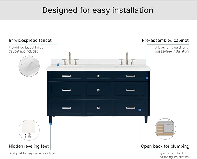 ARIEL Monroe 66-inch Bathroom Vanity with Sink,Solid Wood, 1.5-inch Pure White Quartz Countertop & Backsplash, Double Oval Porcelain Sink, 9 Dovetail Drawers, Brushed Nickel, Midnight Blue