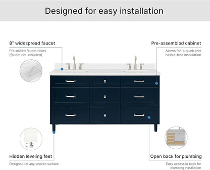 ARIEL Monroe 66-inch Bathroom Vanity with Sink,Solid Wood, 1.5-inch Pure White Quartz Countertop & Backsplash, Double Oval Porcelain Sink, 9 Dovetail Drawers, Brushed Nickel, Midnight Blue