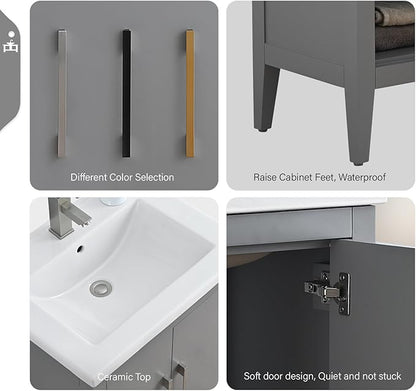 Vanity Art 24 inch Bathroom Vanity with Single Sink & Ceramic Top, Vanity Cabinet with Soft-Closing Doors, Solid Wood Frame, Cashmere Gray,VA9024-G-BN1