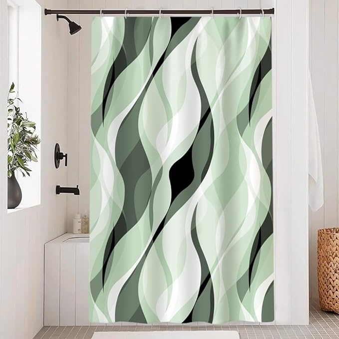 Green Shower Curtain, Modern Abstract Ombre Green Striped Shower Curtain Set for Bathroom Waterproof Polyester Shower Curtain with Hooks, 48x72 Inch