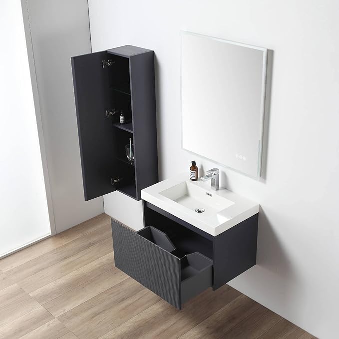 Blossom 30 Inch Bathroom Vanity with Sink and Side Cabinet, All Wood Floating Bathroom Vanity with Acrylic Sink, Bathroom Sink Cabinet with Soft-Close Drawer, Modern Style Vanities, Night Blue