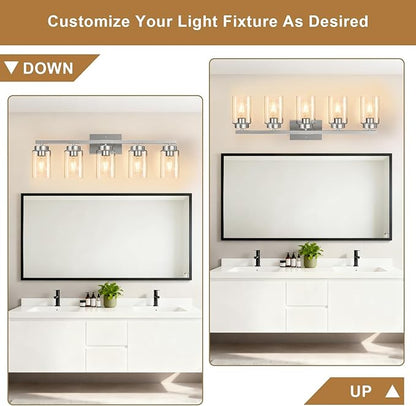 IZORRO Modern Bathroom Light Fixtures, 5 Light Brushed Nickel Vanity Lights, Bathroom Lighting Fixtures Over Mirror with Clear Glass for Living Room Cabinet Bedroom