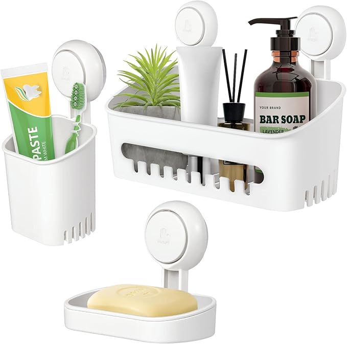 Uten Bathroom Suction Cup Shower Shelf 3-in-1 Wall Mounted Shower Basket Toothbrush Holder No Drill Hanging Rack Removable Shower Caddy Toilet Storage Rack Organizer