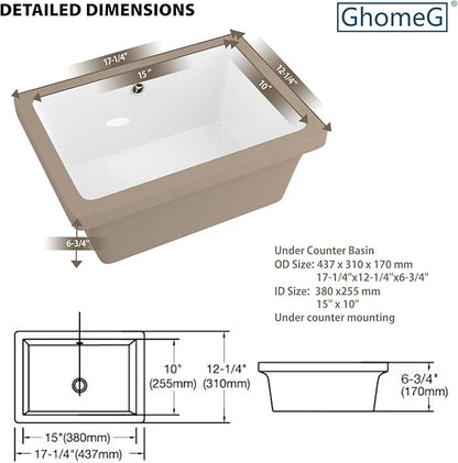 17 Inch Undermount Bathroom Sink 17"x12" White Rectangle Porcelain Ceramic Vanity Sink with Overflow, Under Counter Lavatory Basin