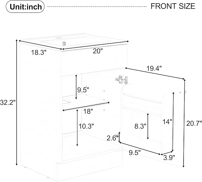 Christopher Knight Home Vanes Wood Frame 20" Bathroom Vanity with Ceramic Sink, Cabinet with Soft-Closing Door Shelf and Adjustable Shelf, Open Back, Metal Hardware, Storage/Organizer, Black