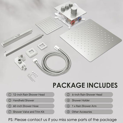 Thermostatic Shower System Brushed Nickel, STARBATH Shower Faucets Sets 12+ 6" Wall Mount Rain Shower and 2 in 1 Handhled, Can Use All at Once, Push Button 3 Modes Valve Complete Shower Set