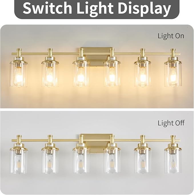 Brushed Brass Vanity Light, 6-Light Fixtures with Clear Glass Shades, Over Mirror, for Bathroom, Living Room, Hallway
