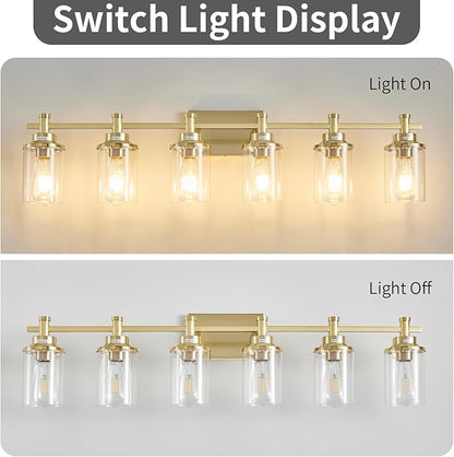 Brushed Brass Vanity Light, 6-Light Fixtures with Clear Glass Shades, Over Mirror, for Bathroom, Living Room, Hallway