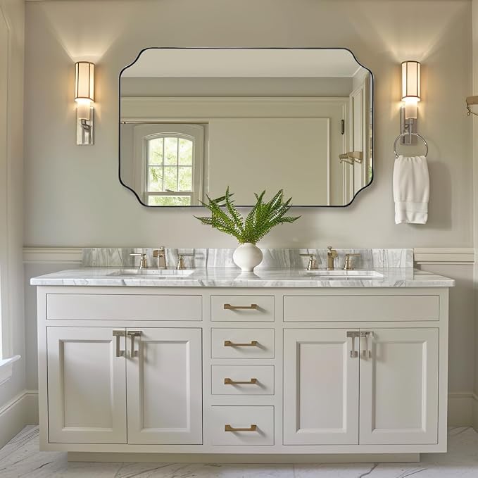 30x48 Inch Chrome Mirror, Large Polished Chrome Rectangle Mirror, Scalloped Edge Design with Anti-Rust Stainless Steel Metal Thin Frame Deep 1’’, Wall-Mount Vertically or Horizontally