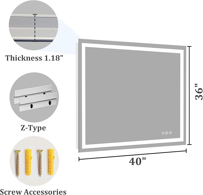 Koonmi 40x36 LED Bathroom Mirror with Light, Anti-Fog, 3 Colors | Backlit + Front Lit, Dimmable Brightness, Shatterproof HD Distortion-Free Tempered Glass, Hardware Included