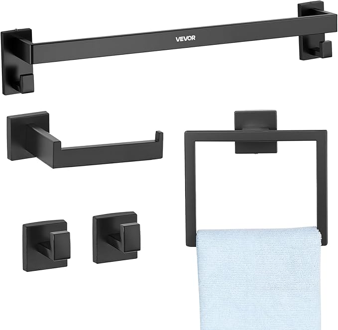 VEVOR Matte Black Bathroom Hardware Set, 5 Pieces Stainless Steel Bathroom Accessories Set, 24-inch Towel Bar, Towel Rack, 2 Robe Towel Hooks, Toilet Paper Holder, for Bath Room, Wall Mounted