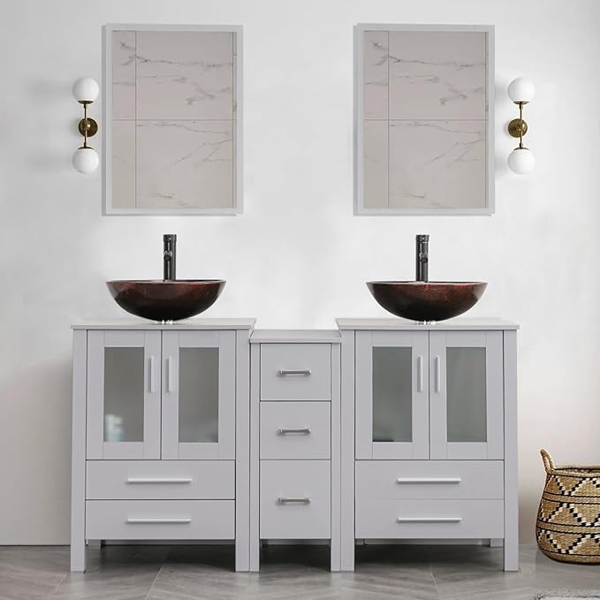 UEV 60" Modern Bathroom Vanity Set in Grey, Double Bathroom Vanities with Sink Combos and Removable Side Cabinet, Bathroom Vanity Set for Bathroom & Toilet,Mirror Not Included (A09)
