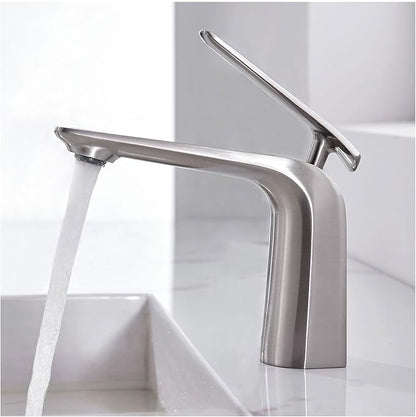TOCALOCA 1 Handle Bathroom Faucet Brushed Nickel Sink Faucet, One Hole Bathroom Sink Faucet Modern Basin Mixer Taps, Premium Brass Vanity Faucet with Water Supply Hose