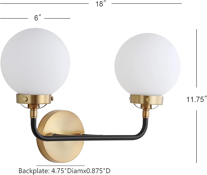 JONATHAN Y 18" Brass Gold/Black/White 2-Light LED Wall Sconce Vanity Lighting, Clear Glass Globe Shade Modern Contemporary Sconce for Bathroom Mirror, Hallway, UL Listed (JYL9057B)