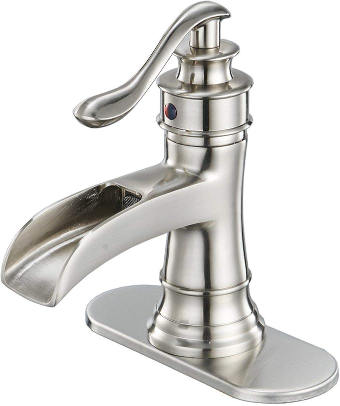 BWE Brass Brushed Nickel Waterfall Sink Faucet, Classic & Modern (No Drain) | Wide Waterfall Spout, Ceramic Cartridge, Fits 1 or 3-Hole Sink, Single Handle, Easy Install, Corrosion Resistance