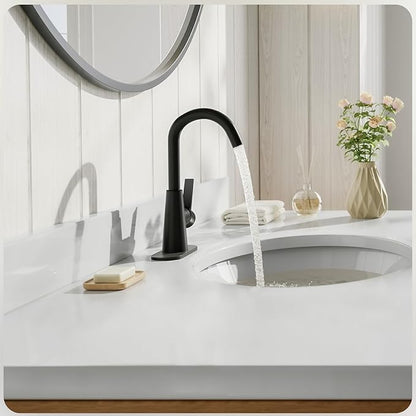 Phiestina Single Hole Matte Black Single-Handle 4 Inch Bathroom Sink Faucet with Deck Plate and Supply Hoses, Bar Sink Faucet/Pre-Kitchen Sink Faucet with 360° Rotation Spout, WE10E-MB