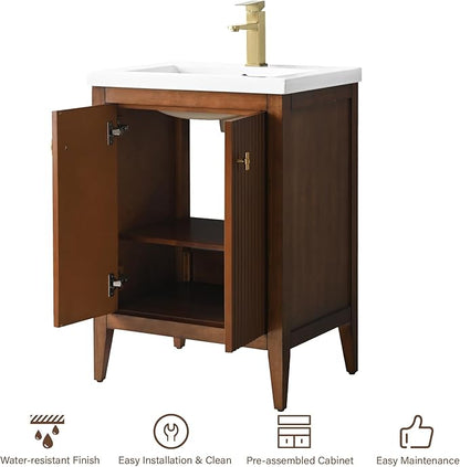 HOMEBEYOND 24" Bathroom Vanity with Ceramic Sink, Solid Wood Free-Standing Vanities Cabinet, Ceramic Top, Golden Brushed Handware & Soft Closing Door, Walnut