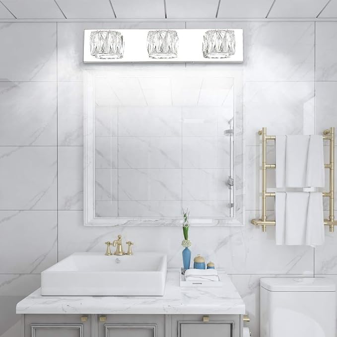 Aipsun 3 Lights Crystal Vanity Lights Over Mirror Modern LED Vanity Lights for Bathroom Vanity Lighting Fixtures(White Lights)