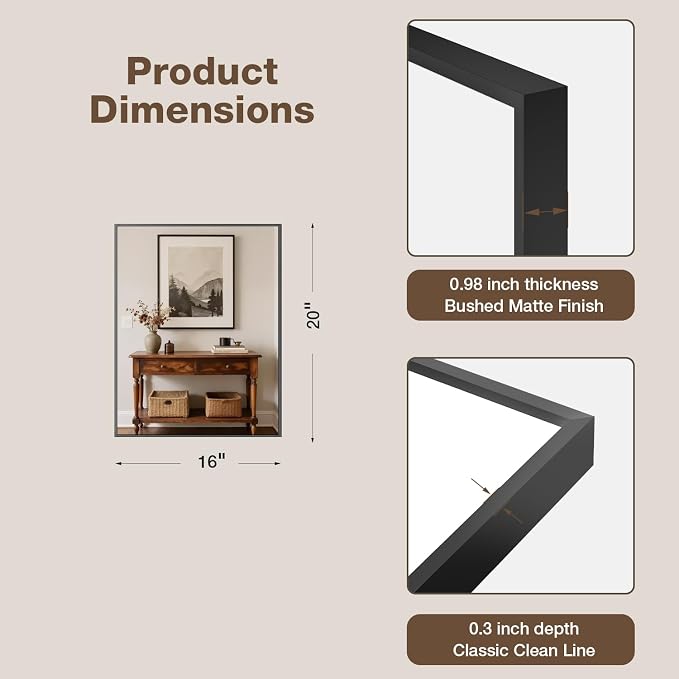 MZON 16" x 20" Matte Black Bathroom Vanity Mirror, Mirror for Over Sink | Aluminum Alloy Frame, Clear Reflection, Rust-Resistant, Vertical or Horizontal, Wall Mount, Bedroom and Entryway