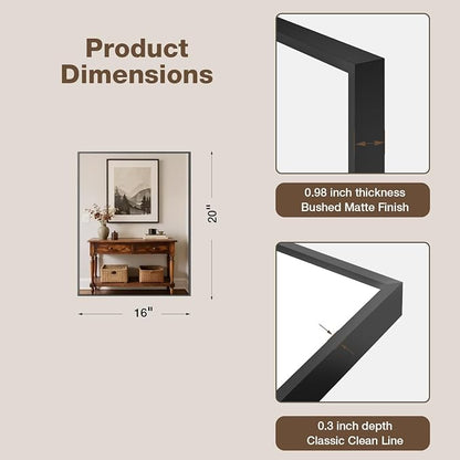 MZON 16" x 20" Matte Black Bathroom Vanity Mirror, Mirror for Over Sink | Aluminum Alloy Frame, Clear Reflection, Rust-Resistant, Vertical or Horizontal, Wall Mount, Bedroom and Entryway