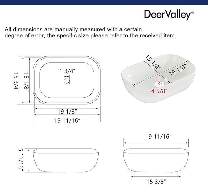 DeerValley Prism 19x15 Inch Rectangular Vessel Sink, White Porcelain Ceramic Above Counter Bathroom Basin, DV-1V432