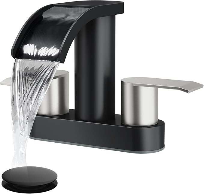 gotonovo 4 Inch Centerset Waterfall Bathroom Sink Faucet Deck Mount 2 Handle Basin Faucets 2 or 3 Hole with Pop Up Drain Included Lavatory Modern Mixer Tap Vanity Faucet Matte Black and Brushed Nickel