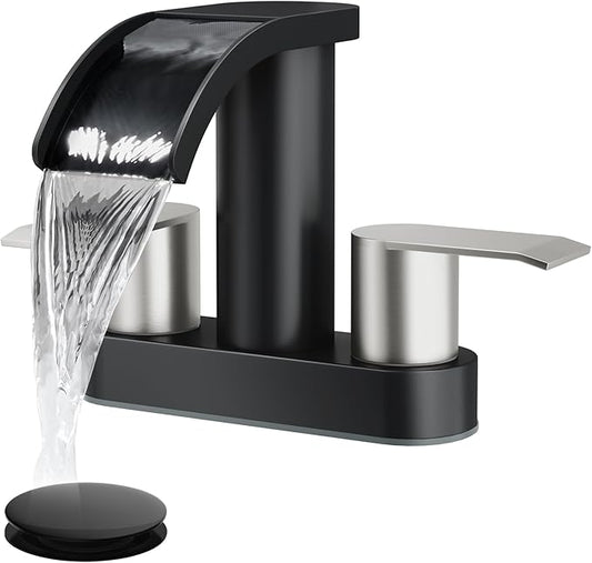 gotonovo 4 Inch Centerset Waterfall Bathroom Sink Faucet Deck Mount 2 Handle Basin Faucets 2 or 3 Hole with Pop Up Drain Included Lavatory Modern Mixer Tap Vanity Faucet Matte Black and Brushed Nickel