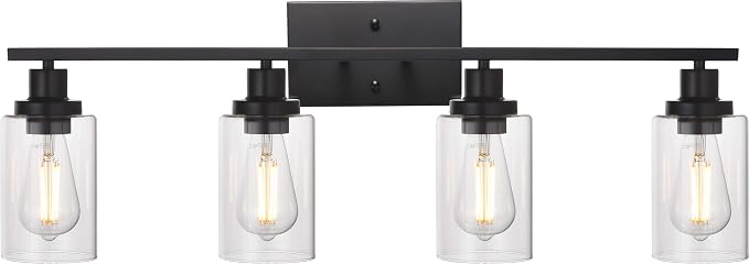 MELUCEE 4 Lights Sconces Wall Lighting Black with Clear Glass Shade | Industrial Bathroom Light Fixtures Vanity Lights Porch Light Fixtures Wall Mount (Patent No.: US D963914 S)