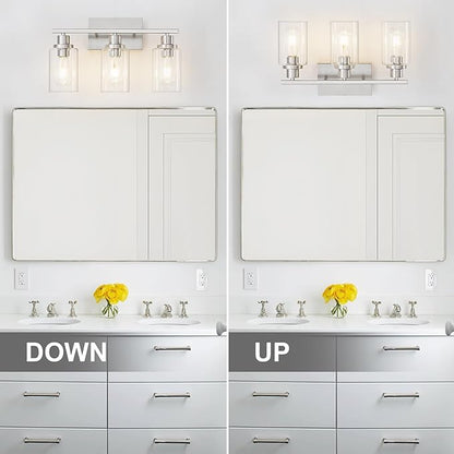 3 Light Bathroom Light Fixtures Brushed Nickel Vanity Light Over Mirror Modern Farmhouse Wall Lighting Sconces Wall Lamp for Bathroom, Bedroom, Living Room E26 Socket with Glass Shade