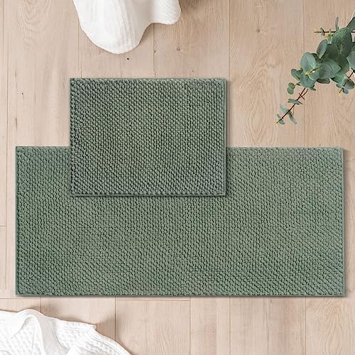 FRESHMINT Chenille Bath Rugs Set 2 Pieces, Sage Green, 17''x24''+20''x47''