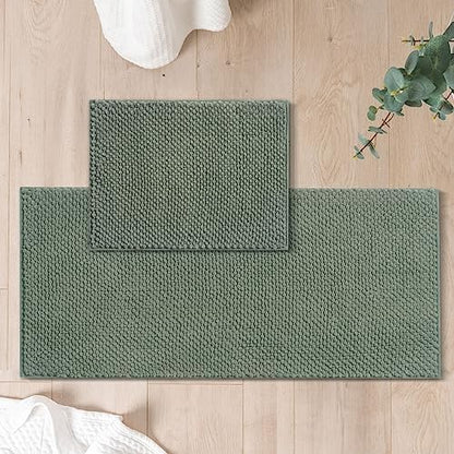 FRESHMINT Chenille Bath Rugs Set 2 Pieces, Sage Green, 17''x24''+20''x47''