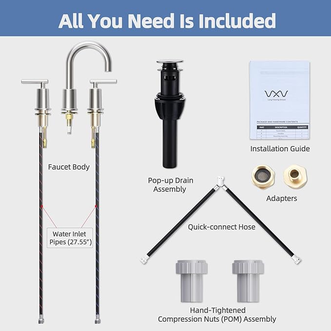 VXV Brushed Nickel Bathroom Faucet 3 Hole Widespread with Easy Installation, 2-Handle 8 Inch Bathroom Sink Faucet 360° Swivel Spout, Pre-Attached Hoses & Drain Included, Vanity Faucet for Bath Sink
