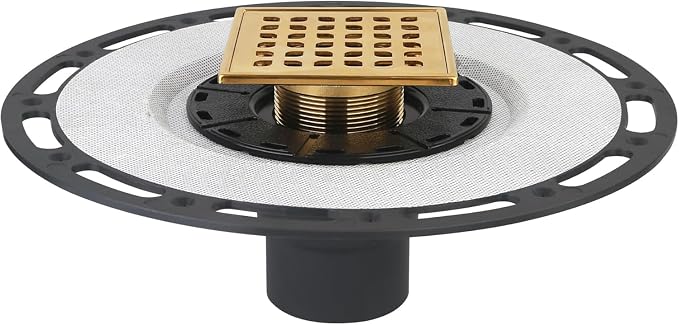 4-Inch Square Shower Drain Kit with Bonding Flange, Polished Gold | Removable 304 stainless steel grate with hair strainer; fits 2- and 3-inch pipes for tiled shower floors and wet areas